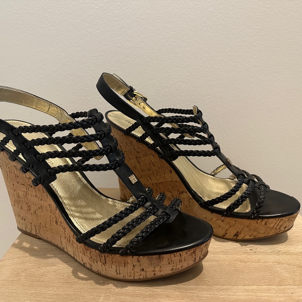Ivanka Trump Black and Tan Wedge Sandals